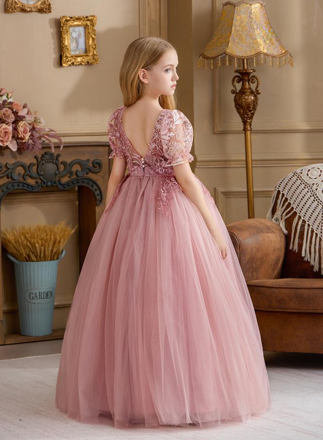 Take Two Girls Pink Floral Lace Puff Sleeve Maxi Dress - Image 4